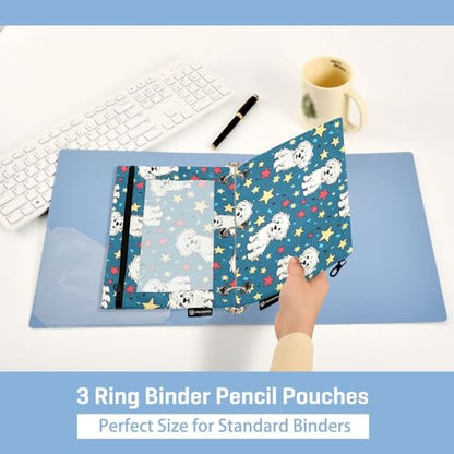Fustylead Hand Draw Cartoon Maltese and Red Yellow Stars Pencil Pouch for 3 Ring Binders, Zipper Pencil Bags with Clear Window Organizer for Cosmetic Office School Students 2 Pack - color: Blue04 Maltese and Stars