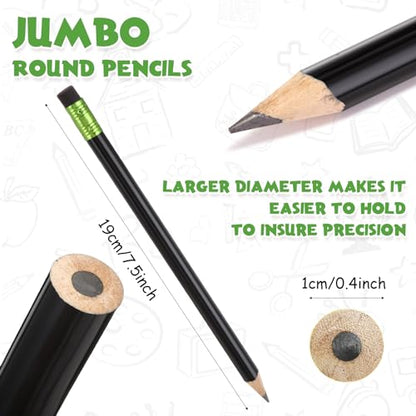 Fainne 48 Pcs Fat Pencils Jumbo Big Thick Large Pencils and 3 Pieces Sharpeners for Kids Beginners Preschoolers Kindergarten School Office Supplies(Black,Round) - color: Black, style: Round