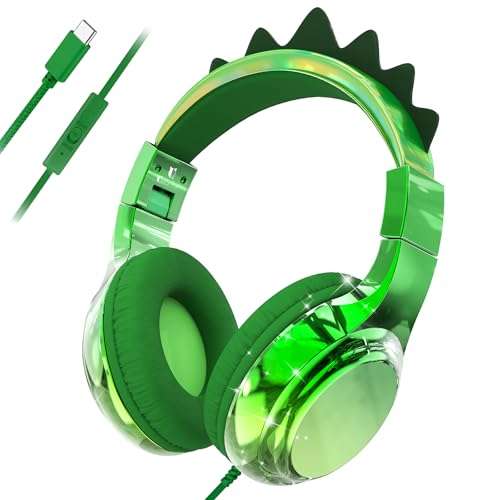 QearFun Kids Unicorn Headphones with USB C for Girls with Microphone, 85/94dB Safe Volume Limiter, Tangle-Free Cord, Share Port, Foldable Sparkly Wired Headset for School, Travel, Tablet, iPad - color: Green