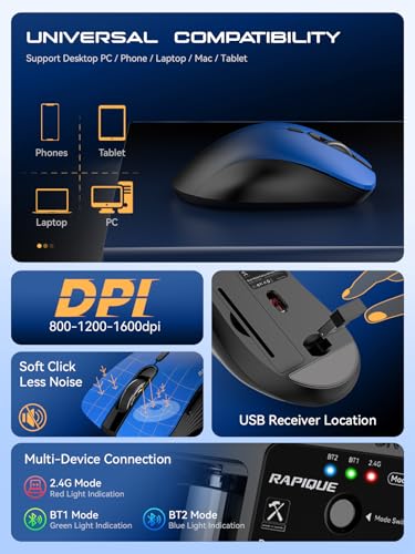 RAPIQUE Bluetooth Wireless Mouse - Dual Bluetooth & 2.4 GHz USB Receiver, Comfortable Grip, Quiet Clicks, Low Power - Multi-Device Compatibility for Laptop, MacBook, Computer, ipad(Gradient Blue) - color: Gradient Blue