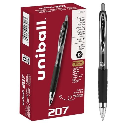 uniball 207 Retractable Gel Pens, Bold Point (1.0mm), Black, 12 Pack