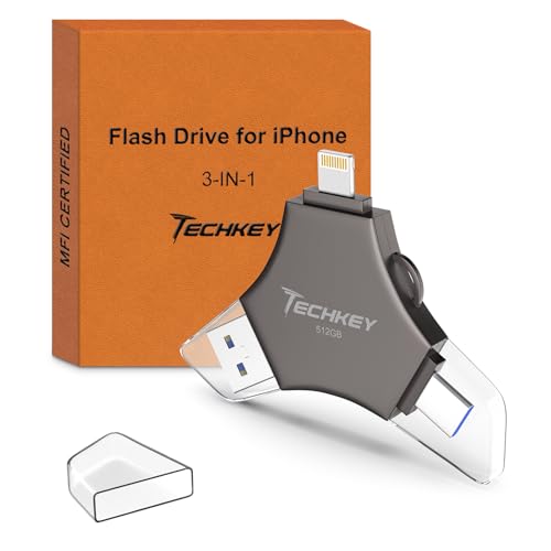 MFi Certified USB 3.0 Flash Drive 512GB for iPhone, 3in1 External Memory Photo Keeper Storage Stick for Picture/Video/Data Saver/Backup, High Speed Thumb/Jump/Hard Drives for iPad/Android/PC (Black) - color: Black, size: 512 GB