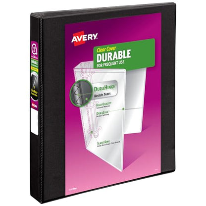 Avery Durable View 3 Ring Binder, 1 Inch Slant Rings, 250-Sheet Capacity, DuraHinge, 1.4 Inch Wide Spine, Customizable Clear Covers and Spine, 1 Black Binder (17011) - size: 1"