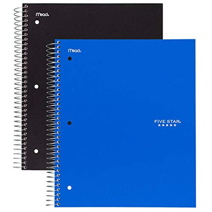 Five Star Spiral Notebooks, 5 Subject, Wide Ruled Paper, 200 Sheets, 10-1/2" x 8", Black, Blue, 2 Pack (73037) - color: Black-Blue