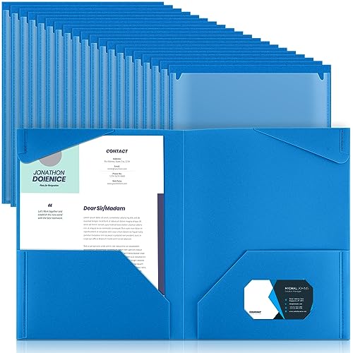 Henoyso 60 Pack Plastic Folders with Clear Front Pockets Bulk Heavy Duty File Folders with 2 Pockets and Card Slot for Student Teacher Back to School Supplies Office Presentation (Blue) - color: Blue