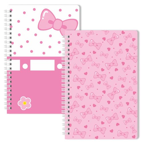 Hello Pink Cat Spiral Notebooks - 2 Pack Cute Pink Bow Design A5 College Ruled Journal with 50 Sheets 100 Pages, Office Travel Back to School Supplies Birthday Gift for Kids (Bow Kitten)