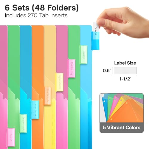 Dunwell 2-Pocket 8-Tab Divider Pockets, (6 Sets, 48 Count), 5 Colors, Plastic 8 Subject Notebook Tab Dividers for 3-Ring Binders, Includes Label Inserts, Durable Acid-Free Poly - size: 6 Sets (48 pcs)