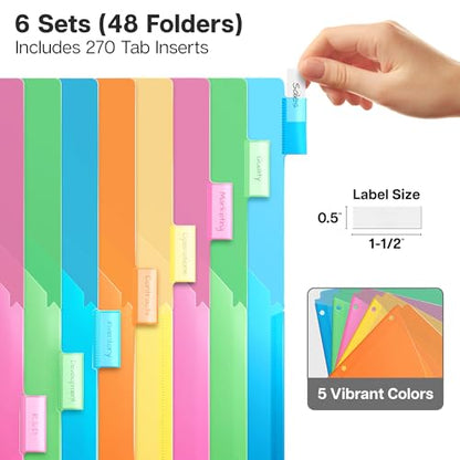 Dunwell 2-Pocket 8-Tab Divider Pockets, (6 Sets, 48 Count), 5 Colors, Plastic 8 Subject Notebook Tab Dividers for 3-Ring Binders, Includes Label Inserts, Durable Acid-Free Poly - size: 6 Sets (48 pcs)