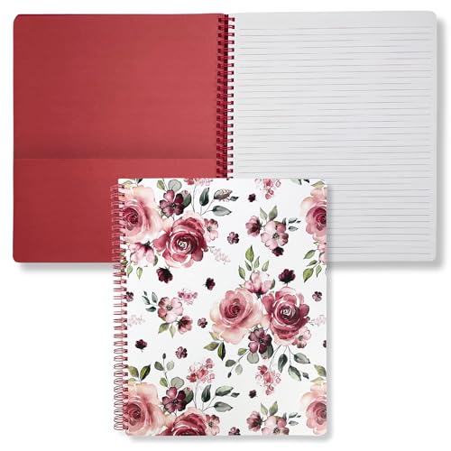 Steel Mill & Co. Cute Floral Large Spiral Notebook, Rose Flower | 11" x 9.5" Journal with Durable Hardcover, 160 College Ruled, Perforated Pages, Rounded Corners, and Pocket Page - color: Rose Floral