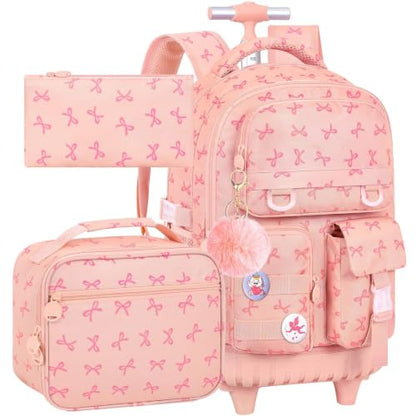 WZLVO 3PCS Rolling Backpack for Girls, Water Resistance Roller Bookbag, Women Aesthetic Wheeled School Bag Set with Lunch Box & Pencil Bag for Teens & Kids - Pink Bow - color: 3pcs Girls Rolling Backpack - Pink Bow
