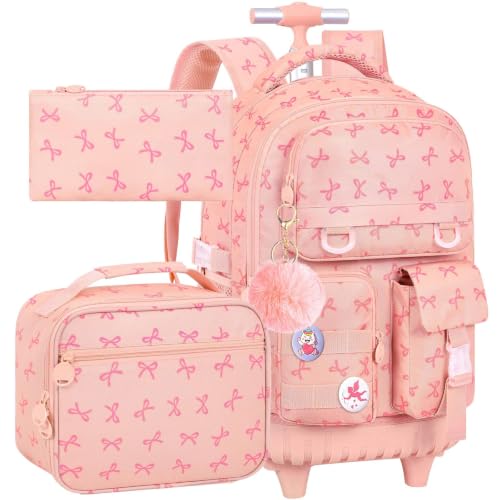 WZLVO 3PCS Rolling Backpack for Girls, Water Resistance Roller Bookbag, Women Aesthetic Wheeled School Bag Set with Lunch Box & Pencil Bag for Teens & Kids - Pink Bow - color: 3pcs Girls Rolling Backpack - Pink Bow