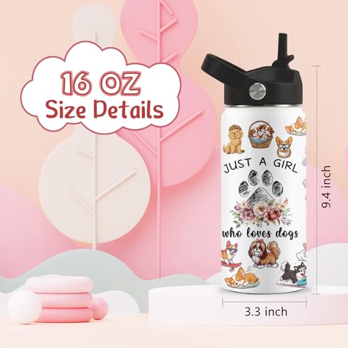 Dog Lover Gifts for Girls, 16 oz Water Bottle with Straw Lid, Stainless Steel Insulated Dog Water Bottle, Cute Puppy Tumbler for School Travel Outdoor - color: Dogs