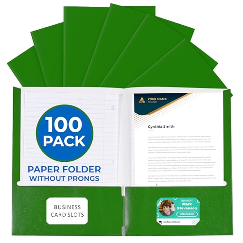 100 Pack Green 2 Pocket Paper Folders. EPI Heavy Duty, Bulk Folders with Pockets and Business Card Slots. Colored Letter Size Document Organizers. Durable Portfolio for School, College, Office Files - color: Green, style: No Prongs