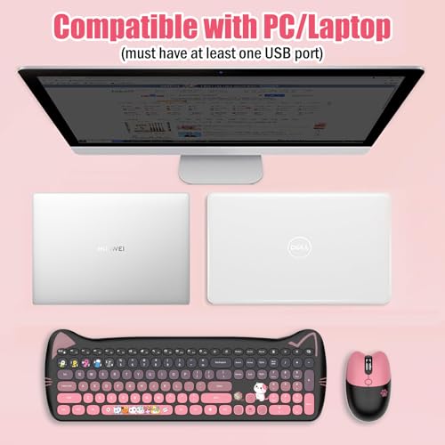Cute Cat 2.4G USB Wireless Keyboard and Mouse Combo, Silent Keys, Candy Colors, Compatible with Notebook, PC (BlackPink-110Keys) - color: BlackPink-110Keys