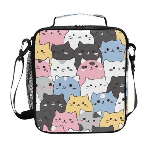 Cats Cute Animal Lunch Box Insulated Lunch Bag Girls Lunch Cooler Bag Tote Freezable Shoulder Strap Lunchbox Thermal Meal Tote Kit for Girls School Picnic - color: Multi51