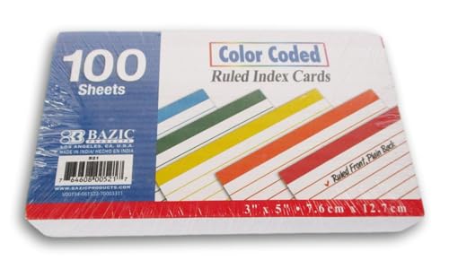 Color Coded Ruled Index Cards - Standard 5 x 3 Inches - 100 Count