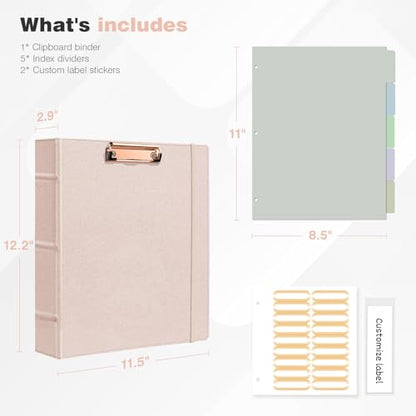 Ospelelf 3 Ring Binder with Clipboard 2 Inch Leather Binder for Letter Size (8.5" x 11"), Clipboard Binder with 5 Tab Dividers Back to School Supply, Rose Gold - color: Rose Gold, size: Letter Size - 2 Inch