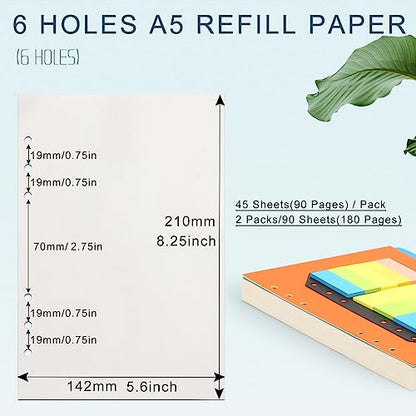 Toplive A5 Refill Paper, Blank Loose Leaf Filler Inserts - 90 Sheets (180 Pages) w/5 Colorful Dividers & 1 Pack Sticky Notes, Refillable for 6 Ring Binder, Journal & Notebook - Ideal for Sketching - style: 2Pack Blank Paper+Divider+Label