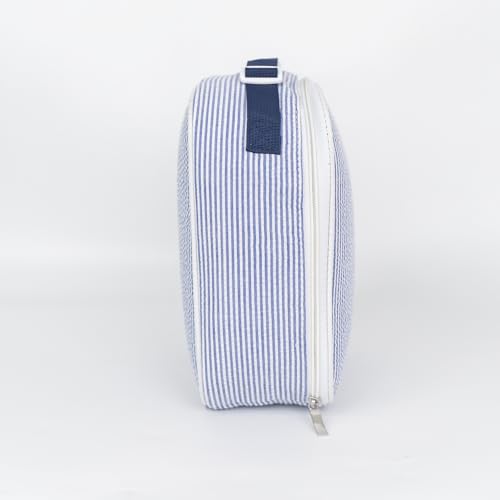 MT WORLD Personalized Lunch Bag Tote Custom Embroidery Name Reusable Seersucker Stripe Pattern Insulated Lunch Box - color: Blue