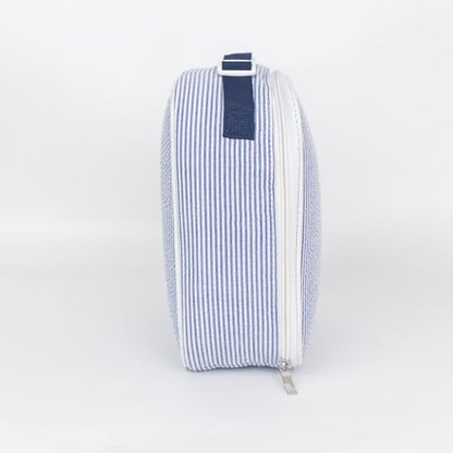 MT WORLD Personalized Lunch Bag Tote Custom Embroidery Name Reusable Seersucker Stripe Pattern Insulated Lunch Box - color: Blue
