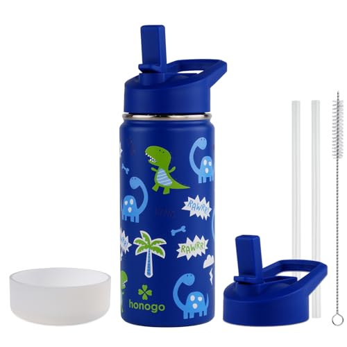 16 oz Stainless Steel Insulated Kids Water Bottle, Leak Proof Metal Thermal Flask with Straw lid, Cute Toddler Tumbler Cup for School Girls & Boys (Blue, Dino) - color: Blue, Dino