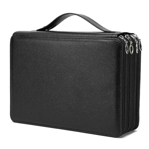 YOUNGCOL 200 Slots Colored Pencil Case - Deluxe PU Leather Pencil Organizer Holder With Zipper Closure Large Pencil Box for Colored Pencils Watercolor Pencils (Black, 200 Slots) - color: Black, size: 200 Slots