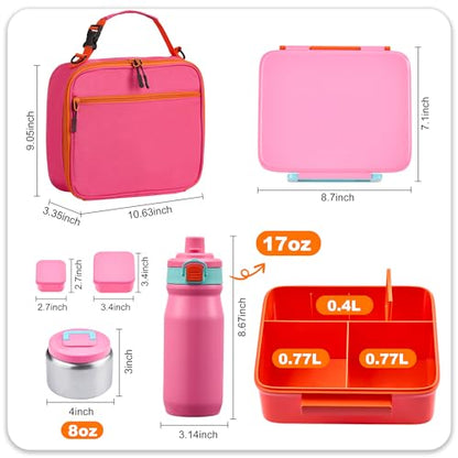 Bento Lunch Box for Kids with Thermo, Leakproof Bento Box with 8oz Insulated Food Jar, Insulated Bottle, Lunch Bag, BPA Free Dishwasher Safe 4 Compartment Container for School Girls Boys (Pink) - color: Pink