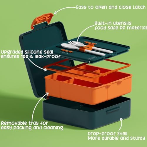 Fimibuke Kids Bento Snack Lunch Box with Thermo Insulated Toddler Lunch Bag | Lunch Box Kids with 4 Compartment, Food Jar, Ice Pack, Utensils, Birthday Gifts for Ages 3-12 Back to School Toddler Girl Boy - color: A7.Green Dinosaur