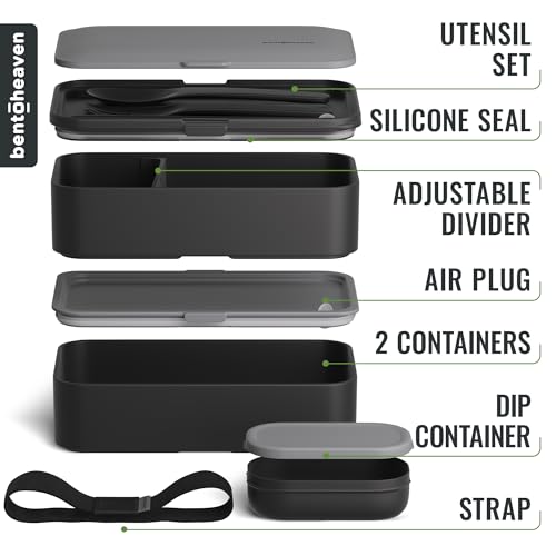 Bentoheaven Bento Box Adult, Stackable Lunch Box, 40 oz, Whispering Gray | BPA-free, leakproof and microwave-safe with 2 compartments, utensils, chopsticks, divider and sauce cup for men and women. - color: Whispering Gray