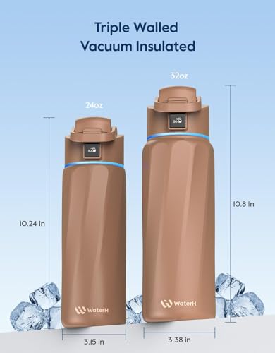 WaterH BOOST Smart Water Bottle Tracker with Reminder to Drink Water, 24oz | BPA-Free Double Wall Vacuum Insulated Stainless Steel, Leakproof, Smart App Tracking, Fits Cup Holders, Wide Mouth for School - color: Mocha, size: 24 Ounces