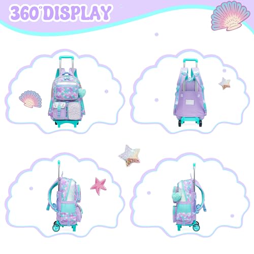 Meetbelify Backpack with Wheels for Girls Rolling Backpack Cute Carry on Backpack with Lunch Box for Elementary Student Teen Girls Luggage Travel Suitcase Girls 8-10 Mermaid - color: Mermaid