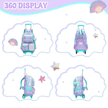Meetbelify Backpack with Wheels for Girls Rolling Backpack Cute Carry on Backpack with Lunch Box for Elementary Student Teen Girls Luggage Travel Suitcase Girls 8-10 Mermaid - color: Mermaid