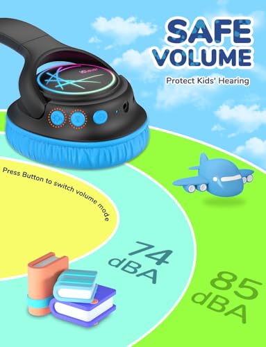 iClever BTH18 Kids Bluetooth Headphones LED Lights for Toddler Boys Girls | SafeSound Tech, 43H Playtime Stereo Sound, USB C Charging AUX Cable, Over Ear Kids Headphones Wireless for iPad/Tablet/Travel - color: Black