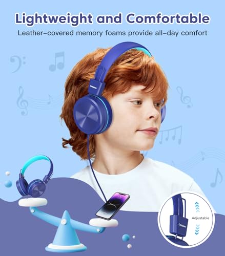 Cowyawn Kids Headphones, Toddler Headphones with Safe Volume Limiter 94dB, Wired School Headphones for Kid, 3.5mm Adjustable On-Ear Headphone for Boys/Girls/Children/Teens/iPad/Computer, Dark Blue - color: Dark Blue
