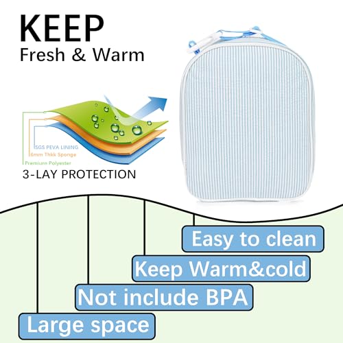 MT WORLD Personalized Lunch Bag Tote Custom Embroidery Name Reusable Seersucker Stripe Pattern Insulated Lunch Box - color: Aqua