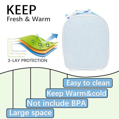 MT WORLD Personalized Lunch Bag Tote Custom Embroidery Name Reusable Seersucker Stripe Pattern Insulated Lunch Box - color: Aqua