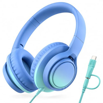 Kids Wired Over-Ear Headphones with Microphone, 3.5mm Jack with USB-C Adapter, Comfortable Headset for Online Learning, School, Tablet, Phone – Gradient Blue & Teal - color: Sky Blue