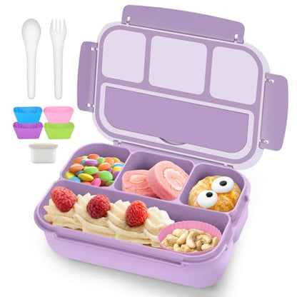QQKO Bento Box Adult Lunch Box, Lunch Containers for Adults Men Women, Kids Lunch Boxes for School with 4 Compartments, Sauce Container, Utensils and Muffin Cups, Purple - color: Lavender