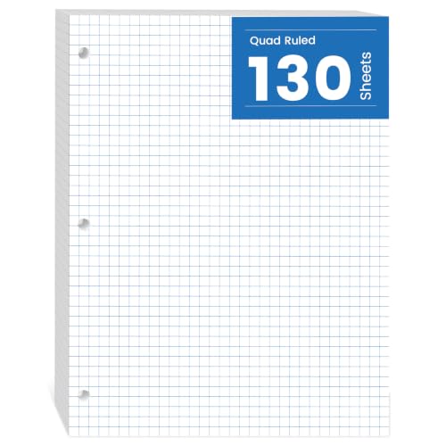 Graph Paper Loose Leaf, 130 Sheets Loose Leaf Paper, Binder Paper 8 x 10.5 in, 4x4 Quad Ruled Filler Papers Bulk 8 x 10-1/2 for Binder, 3-Hole Punched Graphing Pads for Engineering Sketching Notes - style: 8x10.5-Squared-4x4-1 Pack (130 Sheets)