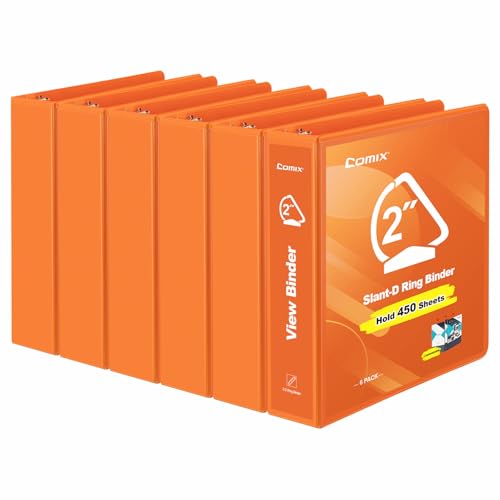 COMIX Sturdy 3 Ring Binder 2 inch with Clear View Cover, 2" Slant-D Ring View Binder Holds 500 Sheets of US Letter Size Paper, 6 Pack (Orange) - color: Orange, size: 2 inch
