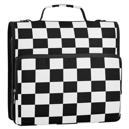 Zipper 3 Ring Binder Bag Black White Checker Expanding File Portfolio Storage Organizer 2-Inch, 500 Sheets Multi-Pocket Shoulder Strap for School Office Kids Adults - color: Black White Checker