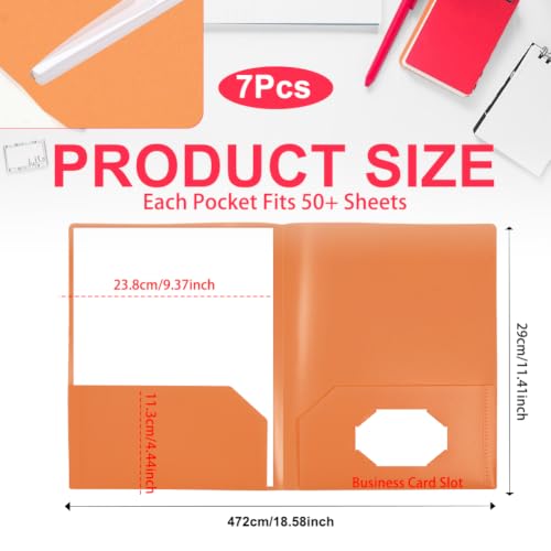 Orange Folders with Pocket 7 Pack, 2 Pocket File Folders Bulk, Plastic Paper Folder, File Folders with Card Slot for Student School, Home Office Business Supplies - color: Orange