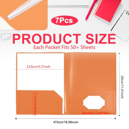 Orange Folders with Pocket 7 Pack, 2 Pocket File Folders Bulk, Plastic Paper Folder, File Folders with Card Slot for Student School, Home Office Business Supplies - color: Orange