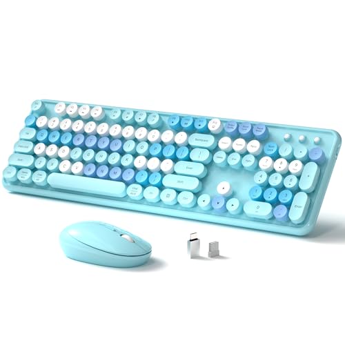 Links9+ Wireless Keyboard and Mouse, Full-Size Retro Typewriter Keyboard with Round Keycaps, 2.4GHz for Windows, Mac, Laptop, PC, Desktop (Blue Colorful) - color: Blue Colorful