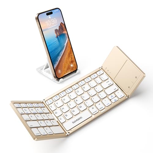 Samsers Foldable Bluetooth Keyboard with Touchpad - Portable Wireless Keyboard with Holder, Rechargeable Full Size Ultra Slim Pocket Folding Keyboards for Android Windows iOS Tablet & Laptop - Gold - color: Desert Gold, size: 1-Device