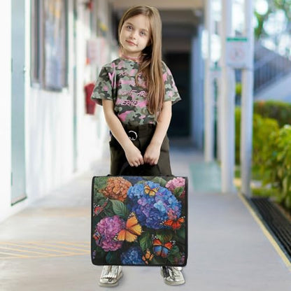 Hydrangea with Butterfly Zipper Binder 3 Ring 1.5 Inch School Binder Organizer with Shoulder Strap Handle File Folder Pockets Large Capacity Students Girl Boy Men Office Work - color: Hydrangea With Butterfly
