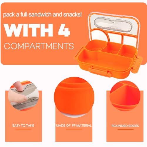 Bento Box for Adults,4 Compartments Lunch Box, Snack Containers Reusable Lunch Containers Drop-Proof, Dishwasher Safe & Made with BPA-Free Materials, Orange - color: Orange