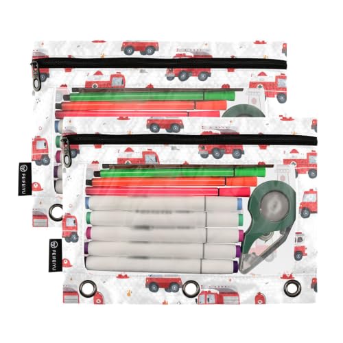 Gredecor 3 Ring Binder Pencil Pouch, Cartoon Red Fire Trucks White Zippered Pen Case Pouches with Clear Window, 2 Pack Stylish Office & School Supplie - color: Cartoon Red Fire Trucks White