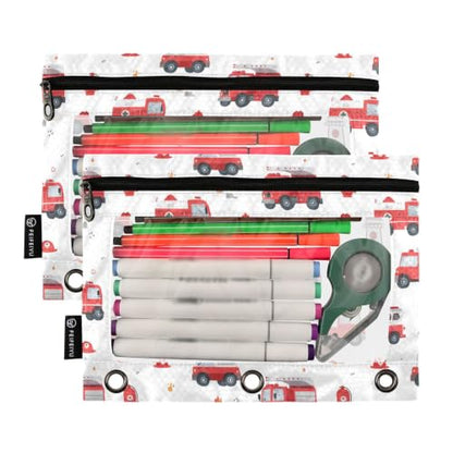 Gredecor 3 Ring Binder Pencil Pouch, Cartoon Red Fire Trucks White Zippered Pen Case Pouches with Clear Window, 2 Pack Stylish Office & School Supplie - color: Cartoon Red Fire Trucks White