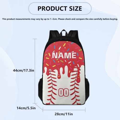 Personalized Baseball Drip School Backpack Kids Bookbag for Boys Girls,Custom Text Name Number 4 Piece Red Ice Cream Baseball Backpacks with Lunch Box, Pencil Case & Water Bottle Sleeve - color: Y-custom